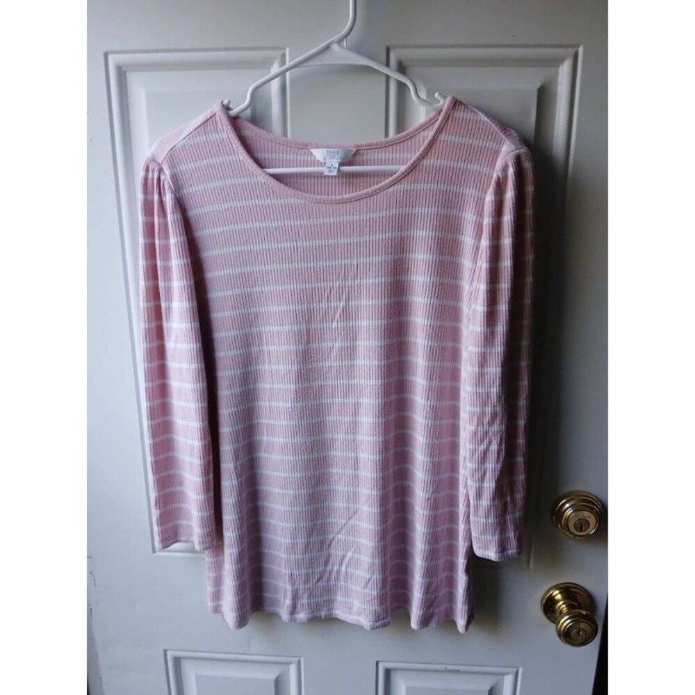 Pink and White Women's Large Striped Long Sleeve Top